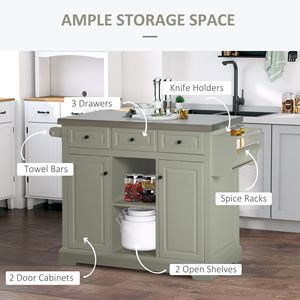 Isola da Cucina Portatile Moderna Grigia su Ruote con Piano in Acciaio Inox, Portaspezie, Cassetti e Carrello Multiuso in Legno MDF - Product Image 5