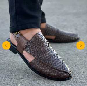 T-Strap Genuine Leather Sandals <b>Pointed</b> Toe Buckle Strap Casual Summer Shoes Rubber Outsole Breathable Geometric Pattern - Product Image 1