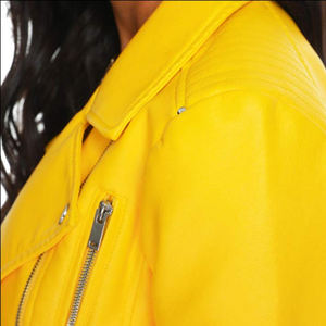 Veste de moto en cuir de vache jaune pour femme, coupe-vent, manches longues, col rabattable, fermeture éclair, longueur normale, couleur unie, hiver - Product Image 3