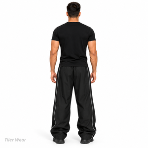 <b>Men's</b> Wide Leg Windbreaker Pants Drawstring Elastic Waist Sporty <b>Trousers</b> with <b>White</b> Piping Lightweight Windbreaker <b>Trouser</b> - Product Image 4