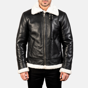 Men's Black Leather Bomber Jacket with Sheep Fur Lining Windproof Winter Moto Style Zipper Closure Regular Fit OEM customized - Product Image 1