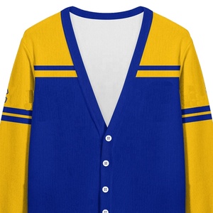 เสื้อคาร์ดิแกนถักคอวีสีน้ำเงินเหลืองแบบคัลเลอร์บล็อกสำหรับสตรีชมรมมหาวิทยาลัย สไตล์พรีปปี้ แขนยาว รับผลิตตามสั่งขายส่ง - Product Image 2