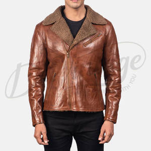 Chaqueta de cuero marrón premium para hombre, estilo motero, de piel de oveja auténtica, con cierre de cremallera y cuello de piel sintética tipo shearling. - Product Image 1