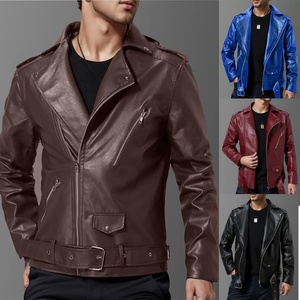 Veste de moto en cuir PU pour homme, coupe ajustée, fermeture éclair, col rabattu, couleur unie, vêtement d'automne - Product Image 5