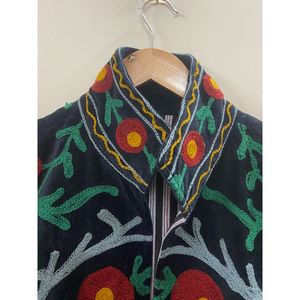 Hand Embroidered <b>Velvet</b> Cotton <b>Jacket</b> <b>Women</b> Mandarin Collar Full Sleeve Winter Bohemian Eye Pattern Open Front Coat - Product Image 2