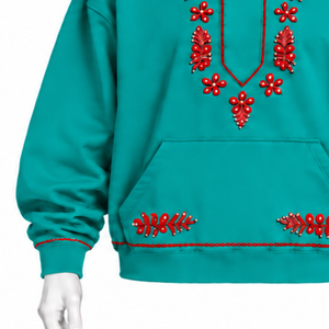 Sudadera con Capucha Teal Indus Bordada con Diseño Floral Decorativo, Bolsillo Canguro, Estilo Casual Relajado, Ropa Urbana de Invierno - Product Image 5