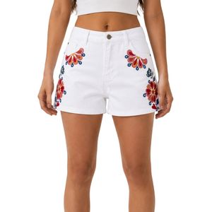 Shorts de Mezclilla Blancos con Estampado Floral para Mujer, Cintura Alta, Casuales, de Verano, Personalizados con Bordado, Fabricante OEM de Moda - Product Image 1