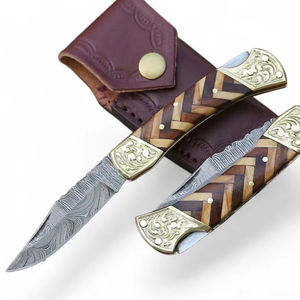 Damascus Steel Hand Forged Brass Wooden Handle Professional Razor Sharp Drop Point Folding EDC Pocket Knife Sheath 7.5 Inches - Product Image 1
