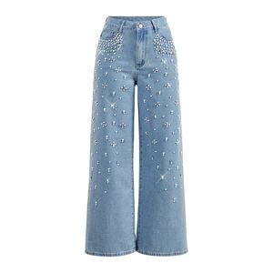 Jean en denim bleu clair tendance pour femme, taille haute, coupe droite, jambe large, orné de strass, style vintage décontracté, scintillant, idéal pour l'été - Product Image 1