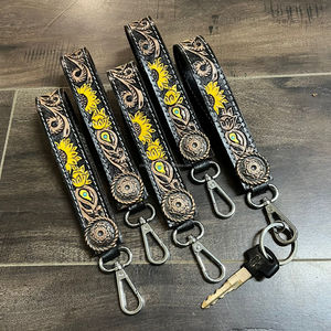 Vintage Travel Hand <b>Tooled</b> Genuine <b>Leather</b> Sunflower Leaf Design Metal Concho Multi Color Safety Keychain With Wristlet Strap - Product Image 6
