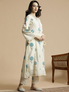 <b>Women</b> Cream Cotton <b>Kurta</b> Set Blue Floral Embroidery Bell Sleeves Regular Fit Knee-Length Quick Dry Digital Print Ethnic Casual - Product Image 5
