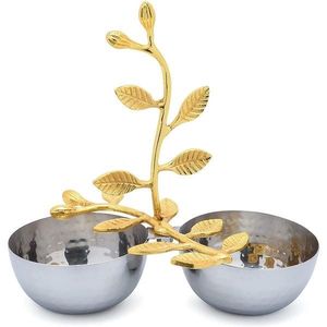Luxury Metal 3-Bowl Serving Tray with Floral Stem Handle - Handcrafted Hammered Metal <b>Dip</b> & Snack Serving Set for Table Decor - Product Image 2
