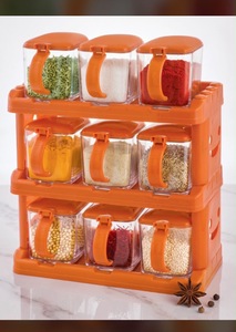 Organisateur d'épices en plastique pour comptoir avec 6 bocaux en verre et tiroir |   Support de rangement moderne autoportant pour herbes et assaisonnements de cuisine - Product Image 1