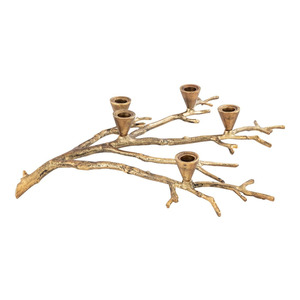 Candélabre doré orné en forme de branche, avec plusieurs coupelles pour bougies coniques allumées, parfait pour la décoration de table rustique - Product Image 2