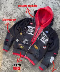 Doppel-Hoodie Damen Übergroßer Fleece-Pullover Sweatshirt Patchwork Streetwear Distressed Rot Schwarz Winterjacke 100% Baumwolle - Product Image 1