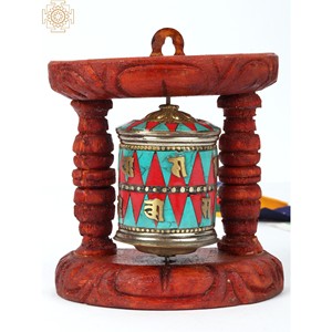 Suspension murale en laiton de 4 pouces du Népal Petit moulin à prières avec incrustation complexe - Product Image 1