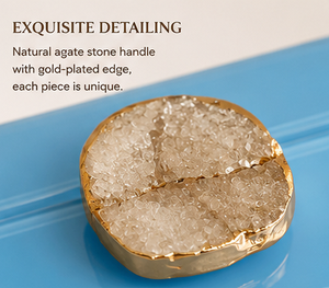 Sky <b>Blue</b> Glass Jewelry Storage Box Set with Natural Agate Stone Knob Gold Plated Accent Glossy Finish Decorative Organizer - Product Image 3