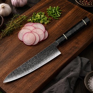 Cuchillo de Chef de Acero de Damasco de 8 Pulgadas con Punta Caída y Borde Biselado, Mango de Micarta, Cuchillo de Cocina - Product Image 6