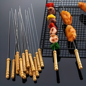 Stainless Steel <b>BBQ</b> Skewers With Wooden Handle Long Length Reusable Cooking <b>Tools</b> For Charcoal Grill Set Of 12 - Product Image 1