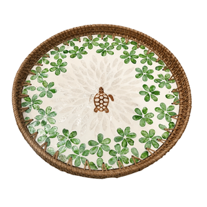 Stunning Mother of Pearl Mosaic Shell Rattan Tray Cute Ocean Turtle Pattern Round Woven <b>Wicker</b> <b>Basket</b> Table Organizer Wholesale - Product Image 1