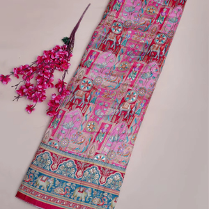 Tissu jacquard en viscose pure rose vif à imprimé ethnique et paysager avec bordure éléphant pour la confection de robes Kurti de créateur - Product Image 1