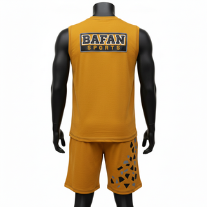 Ensemble t-shirt sans manches et short pour homme, coton mélangé premium, imprimé logo noir moutarde - Product Image 2