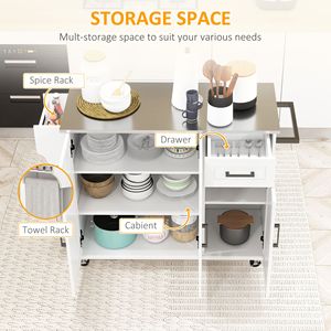 Carrello da Cucina Moderno Bianco con Piano in Acciaio Inox, 3 Cassetti, Portaspezie e Portasciugamani, Design in Legno - Product Image 4