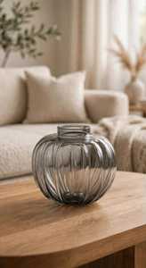 Green Art Deco Transparent Ribbed Round Borosilicate Glass Tabletop Vase for Living <b>Room</b> Dining Table Home <b>Decor</b> Diwali - Product Image 4