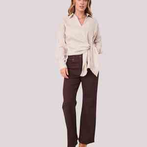 <b>Women's</b> Summer Casual 100% <b>Linen</b> Short <b>Shirt</b> <b>Oversized</b> O-Neck Button-Up Full Sleeve Solid Color Breathable Cotton <b>Linen</b> <b>Shirts</b> - Product Image 3