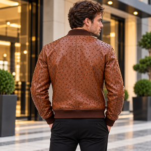 Herren-Skinjacke mit Reißverschluss, Kettendetail und gerippter Kragen Moderner Bomber-Stil Handgefertigter Großhandelslieferant - Product Image 4