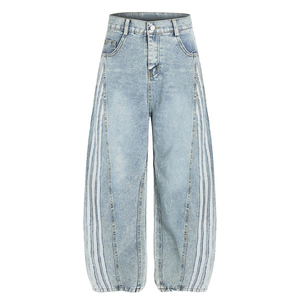 Jean décontracté pour homme à taille haute, coupe large, en denim délavé, rayé, en coton, pour le printemps - Product Image 1