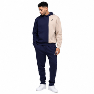 Survêtement Homme Color Block Personnalisé 100% Coton Molleton Uni Bleu Marine Beige Deux Pièces : Sweat à Capuche et Pantalon de Jogging Coupe Droite Épais - Product Image 1