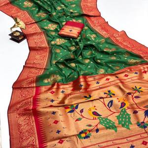 VASTRA COTTAGE Sari de Seda Paithani Suave Premium con Pallu Tejido de Zari Rico, Borde de Zari por Toda la Prenda y Blusa a Juego - Product Image 4