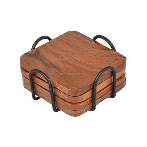 Nice Quality Tea <b>Coasters</b> Set With Metal Wire Holder <b>Black</b> Durable Wooden <b>Coasters</b> <b>and</b> <b>Placemats</b> for Household/Office/Hotel Use - Product Image 2