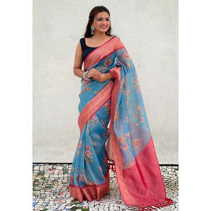 Sari de soirée en soie froissée bleue Elite Weaves, imprimé floral, avec bordure tissée Zari, 500g - Product Image 1