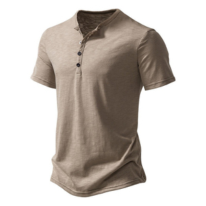 Camiseta Casual de Cuello en V con Botones para Hombre, Estilo Vintage, Manga Corta, Antiarrugas, Tejido de Punto, Diseño Liso - Product Image 2