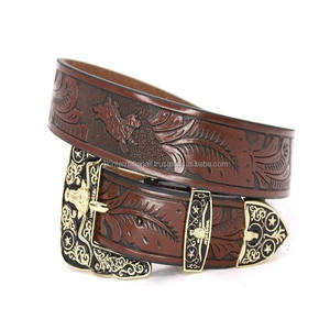 Cinturón de Cuero Genuino de Vaca Hecho a Mano con Grabado Floral, Estilo Occidental para Hombre, con Hebilla de Diseño Sólido de Tres Piezas - Product Image 2