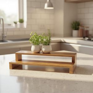 Étagère à épices en bois pour la cuisine, organisateur à 2 niveaux, étagère de rangement en bois rustique pour comptoir, pour les pots à épices, les bouteilles de masala - Product Image 4