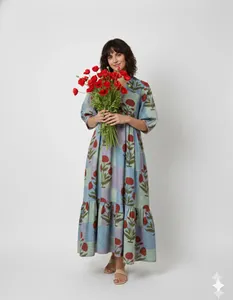 Robe midi en coton à imprimé floral bleu ciel bohème avec manches bouffantes, coupe ample, col en V, robe d'été pour femmes - Product Image 2