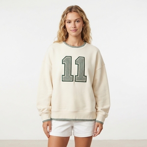 Sweat-shirt bleu surdimensionné pour femme de qualité supérieure avec appliqué numéro 42, poignets à carreaux, col rond, manches longues, vêtements décontractés d'automne - Product Image 2