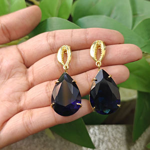 Boucles d'oreilles en gros, forme poire, en quartz bleu iolite, plaqué or 18 carats, avec coquillages cauris, pour femmes, bijoux de mode - Product Image 2
