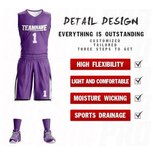 Uniforme de Baloncesto Sublimado Morado y Blanco, Talla Grande, Transpirable, Sin Mangas, Personalizado - Product Image 3