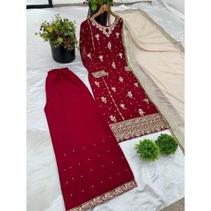 Ensemble de costume de fête rouge pour femmes Shree Hari Fashion-SR, avec haut-plazzo et dupatta, taille M, broderie lourde - Product Image 5