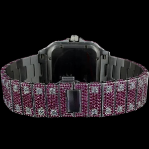 Montre-bracelet de luxe pour homme, rose et blanche, avec diamants CZ, boîtier carré à lunette uniquement, cadran blanc entièrement serti de diamants, entièrement glacée de pierres précieuses - Product Image 4