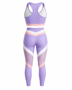 Conjunto de Yoga Color Morado con Bloques de Color, Top Corto y Leggings de Cintura Alta, Ribete en Contraste, Secado Rápido, Spandex y Poliéster, 2 Piezas - Product Image 6