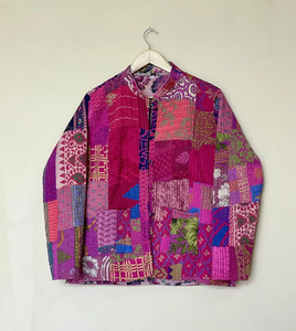 Nivisaa Indian Handmade Reversible Patchwork Kantha Quilted Wool Jacket Boho Streetwear <b>Coat</b> Womens Winter Vintage Puff Sleeve - Product Image 2