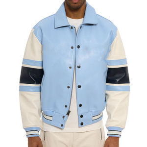 Chaqueta Varsity Azul Claro de PU para Hombre, con Bloques de Color, Cuello Camisero, Cierre de Botones, Ropa Casual de Otoño - Product Image 5