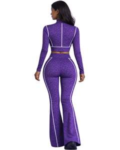 Ensemble de yoga deux pièces violet pour femme : haut court zippé et pantalon évasé taille haute avec passepoil contrastant, extensible, pour fitness et gym – Fabricant - Product Image 3