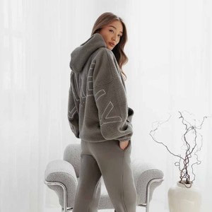 Women's Oversized Hooded Fleece Sweatshirt with <b>Back</b> Letter Print <b>Drop</b>-Shoulder Design Winter Warm Pullover Gray ODM - Product Image 2