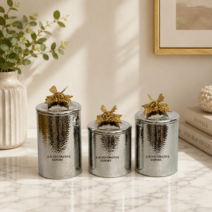 Handcrafted Silver & Gold Tone Hammered Metal Canister with Artisan Butterfly Motif <b>Decorative</b> Countertop Storage <b>Jars</b>/Container - Product Image 1